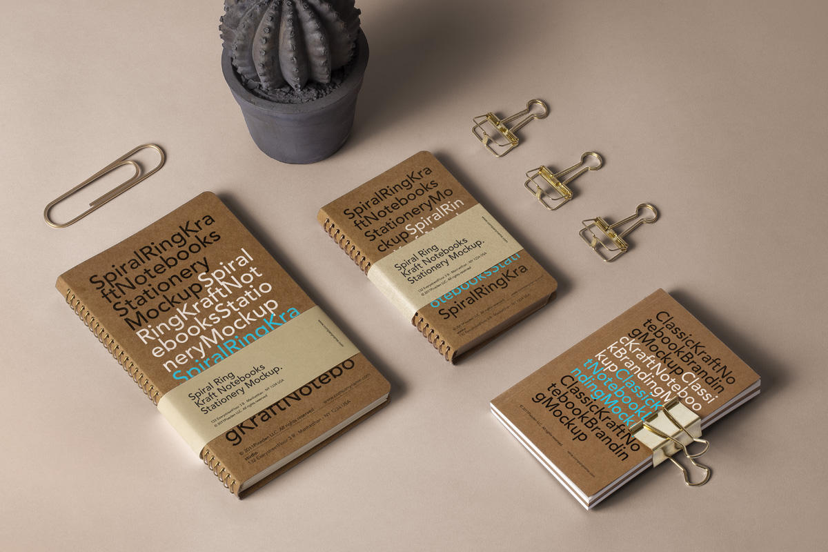 Design mockup of notebooks with clips and plant