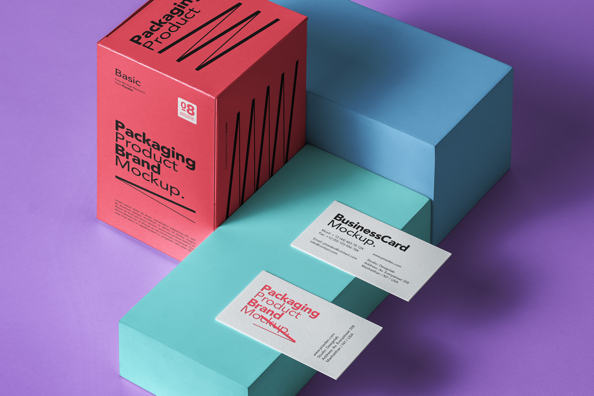 Design mockup of boxes and business cards
