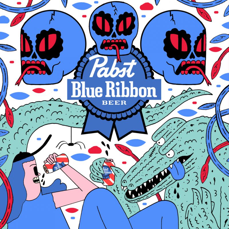 Illustrations for Pabst Blue Ribbon Beer packaging by John F. Malta