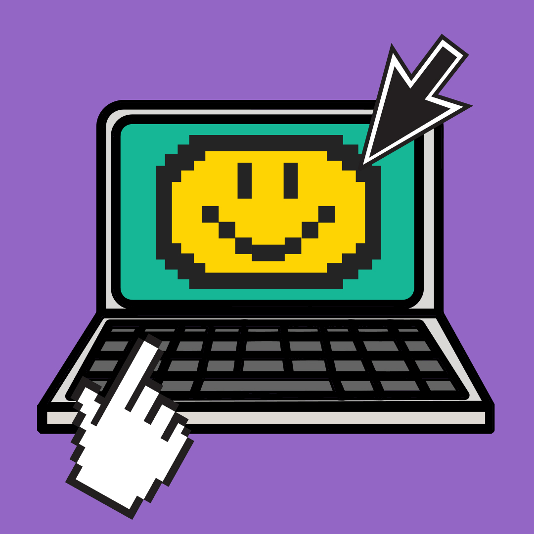 a yellow smiley face on a cartoon laptop screen with a cursor in the shape of a hand and a second cursor in the shape of an arrow on a purple background
