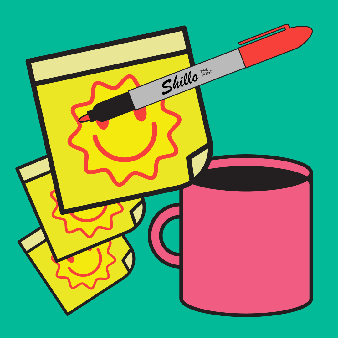 a red sharpie pen marked shillo drawing a red sun with a smiley face on a yellow post it with two more post its in the background together with a pink coffee cup on a green background