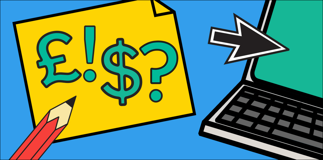 A green pound sign followed by an exclamation mark and a green dollar sign followed by a question mark on a yellow post it with a red pen in the foreground with a blue background. A black arrow is pointing towards a laptop computer with a green screen.